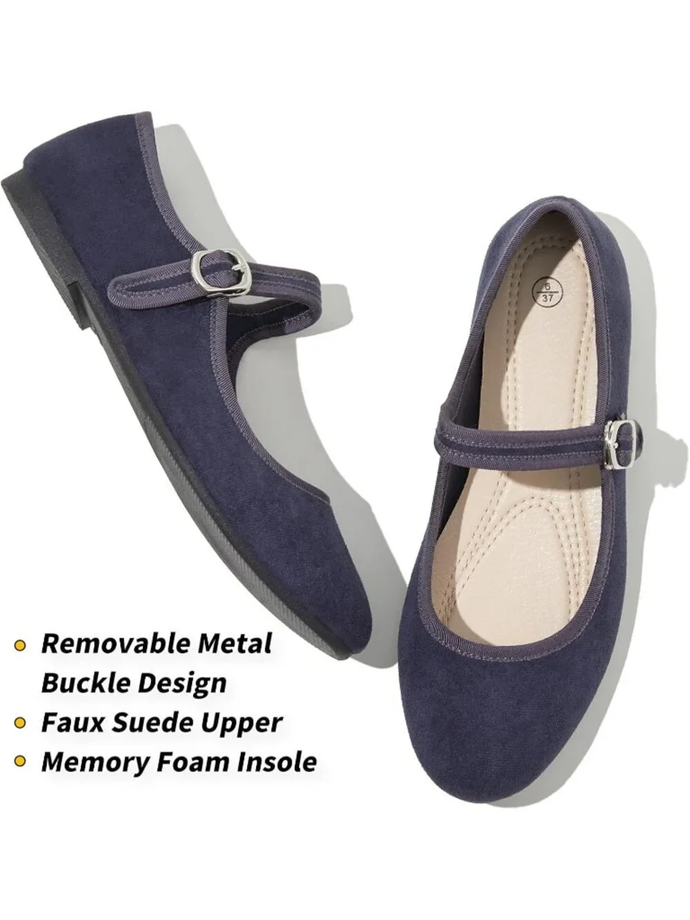 Women's Navy Mary Jane with Strap Faux Suede Black Flats Shoes Comfortable